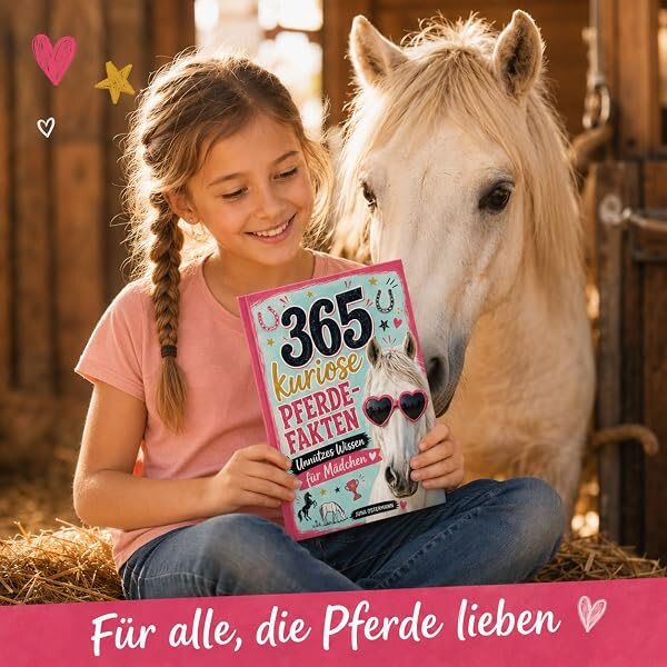 Für alle, die Pferde lieben: Ein Mädchen mit dem Buch kuschelt im Stall mit einem weißen Pony